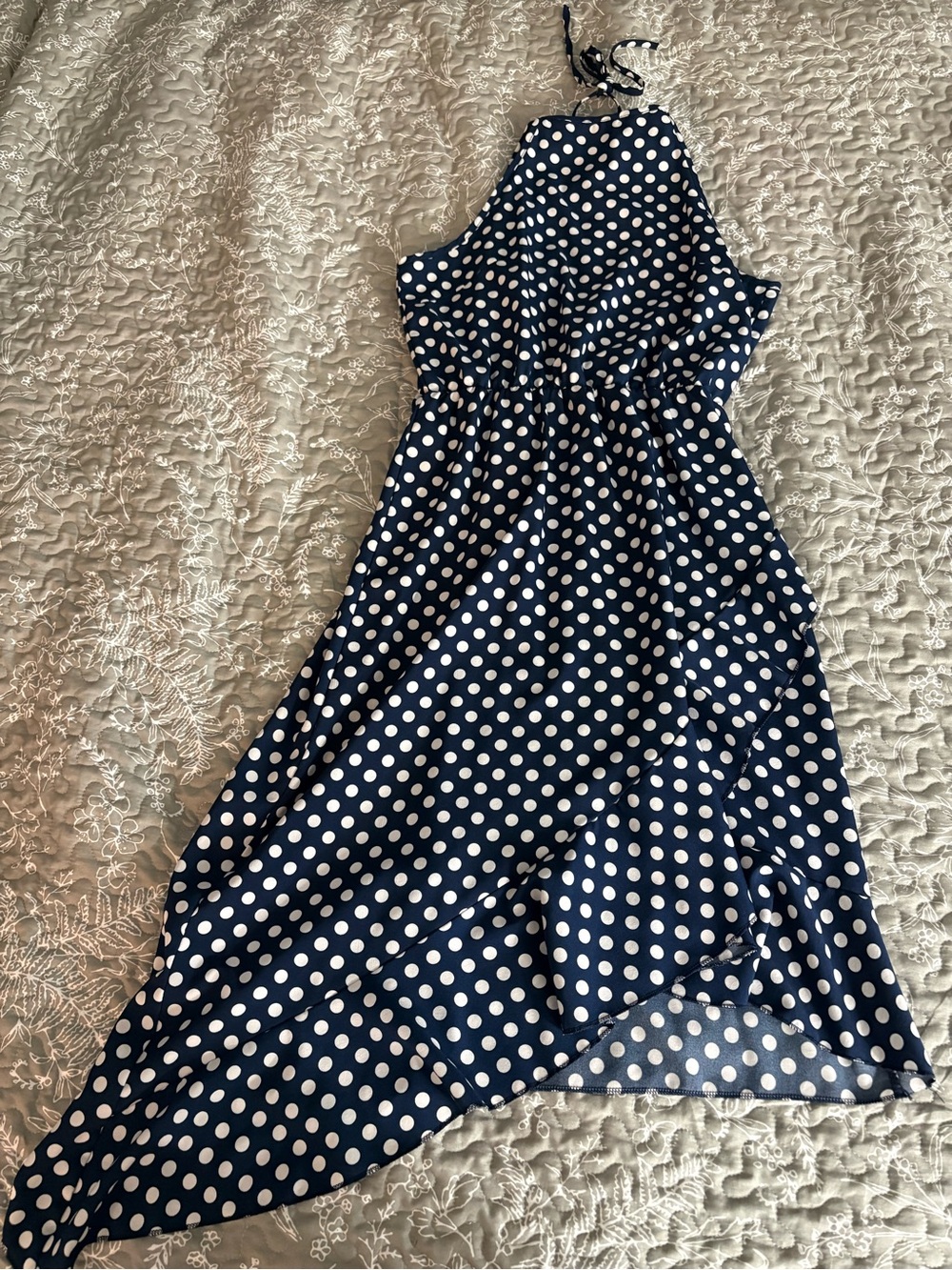Navy Blue Polka Dot Halter Midi Dress